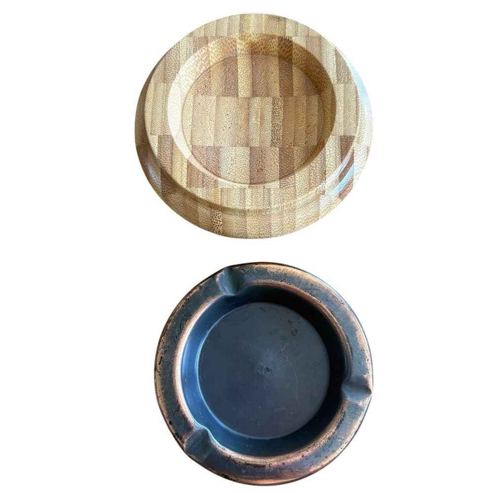 Ashtray Bamboo & Brass Mid Century Modern 4.5” Desk Size Scandinavian Style 2 PC